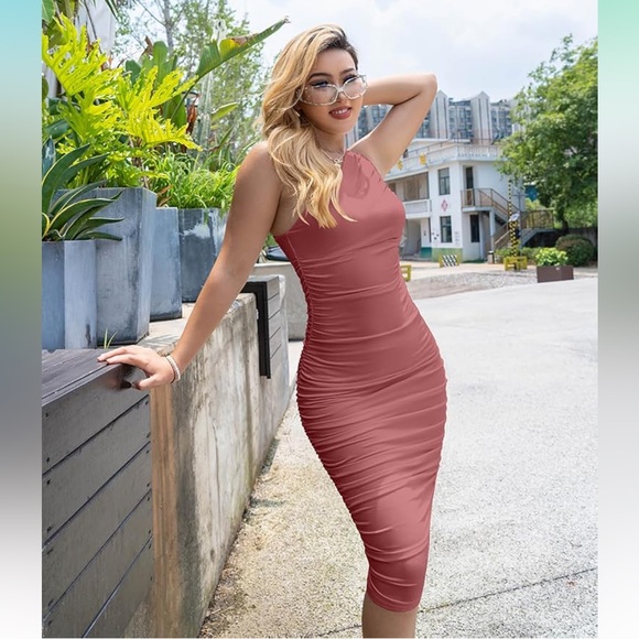 NWOT LAGSHIAN Sexy One Shoulder Ruched Sleeveless Bodycon Party Cocktail Dress - Picture 4 of 12